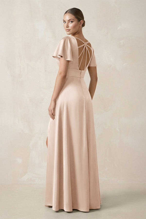 Short Sleeve V - Neck A - Line Satin Bridesmaid Dress With Slit in Buttercream - KissProm Bridesmaid Dresses