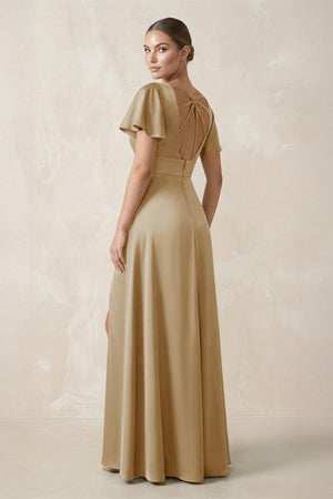 Short Sleeve V - Neck A - Line Satin Bridesmaid Dress With Slit in Champagne - KissProm Bridesmaid Dresses