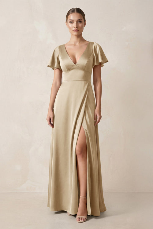 Short Sleeve V - Neck A - Line Satin Bridesmaid Dress With Slit in Champagne - KissProm Bridesmaid Dresses