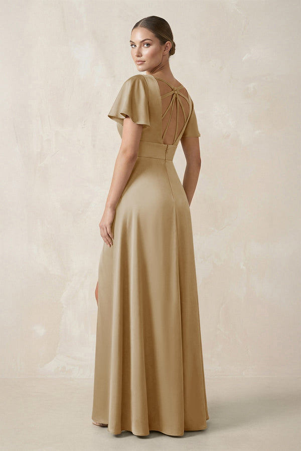 Short Sleeve V - Neck A - Line Satin Bridesmaid Dress With Slit in Champagne - KissProm Bridesmaid Dresses