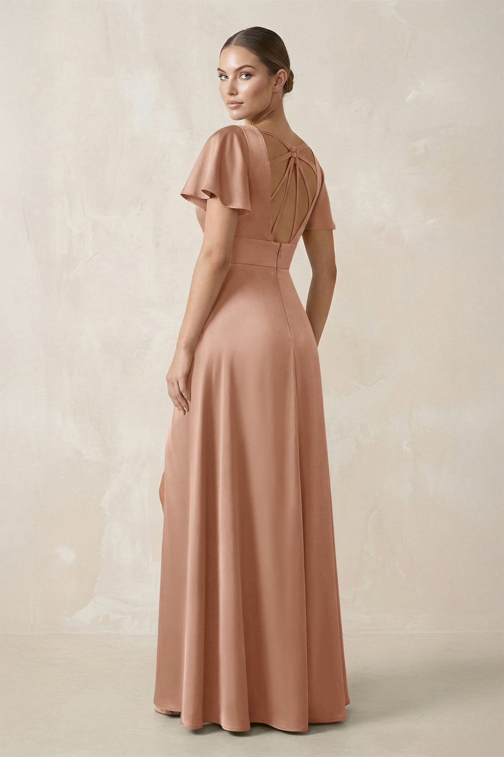 Short Sleeve V - Neck A - Line Satin Bridesmaid Dress With Slit in Champagne Rose - KissProm Bridesmaid Dresses