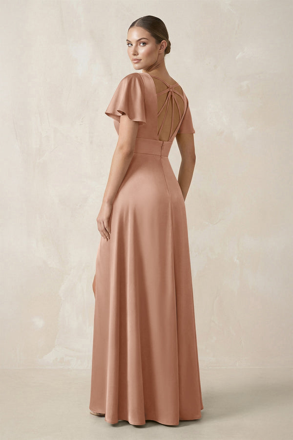 Short Sleeve V - Neck A - Line Satin Bridesmaid Dress With Slit in Champagne Rose - KissProm Bridesmaid Dresses