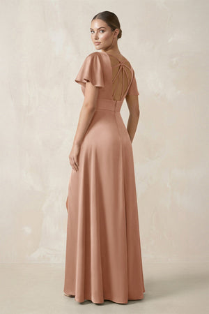 Short Sleeve V - Neck A - Line Satin Bridesmaid Dress With Slit in Champagne Rose - KissProm Bridesmaid Dresses