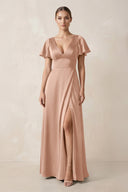 Short Sleeve V - Neck A - Line Satin Bridesmaid Dress With Slit in Champagne Rose - KissProm Bridesmaid Dresses