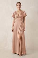 Short Sleeve V - Neck A - Line Satin Bridesmaid Dress With Slit in Champagne Rose - KissProm Bridesmaid Dresses