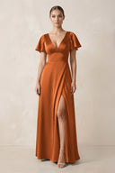 Short Sleeve V - Neck A - Line Satin Bridesmaid Dress With Slit in Cinnamon - KissProm Bridesmaid Dresses