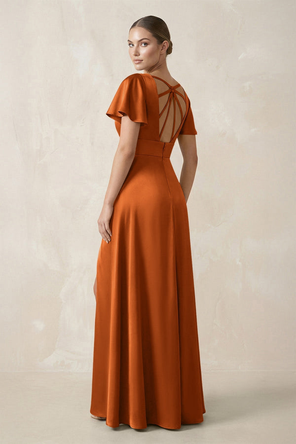 Short Sleeve V - Neck A - Line Satin Bridesmaid Dress With Slit in Cinnamon - KissProm Bridesmaid Dresses