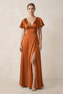 Short Sleeve V - Neck A - Line Satin Bridesmaid Dress With Slit in Cinnamon - KissProm Bridesmaid Dresses