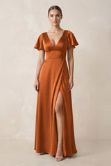Short Sleeve V - Neck A - Line Satin Bridesmaid Dress With Slit in Cinnamon - KissProm Bridesmaid Dresses
