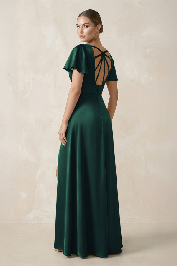 Short Sleeve V - Neck A - Line Satin Bridesmaid Dress With Slit in Dark Green - KissProm Bridesmaid Dresses