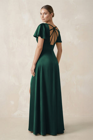 Short Sleeve V - Neck A - Line Satin Bridesmaid Dress With Slit in Dark Green - KissProm Bridesmaid Dresses