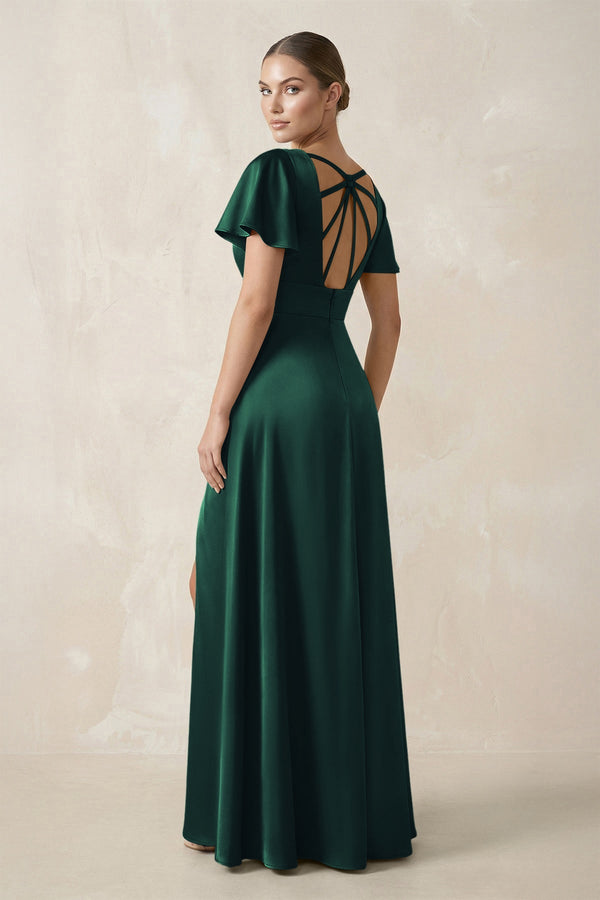 Short Sleeve V - Neck A - Line Satin Bridesmaid Dress With Slit in Dark Green - KissProm Bridesmaid Dresses
