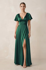 Short Sleeve V - Neck A - Line Satin Bridesmaid Dress With Slit in Dark Green - KissProm Bridesmaid Dresses