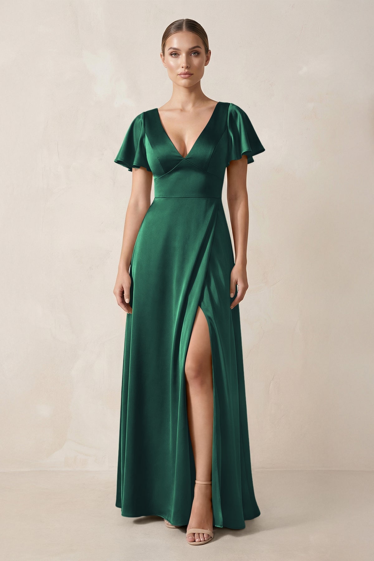 KissProm Short Sleeve V-Neck A-Line Satin Bridesmaid Dress With Slit in Dark Green, Dark Green / 8