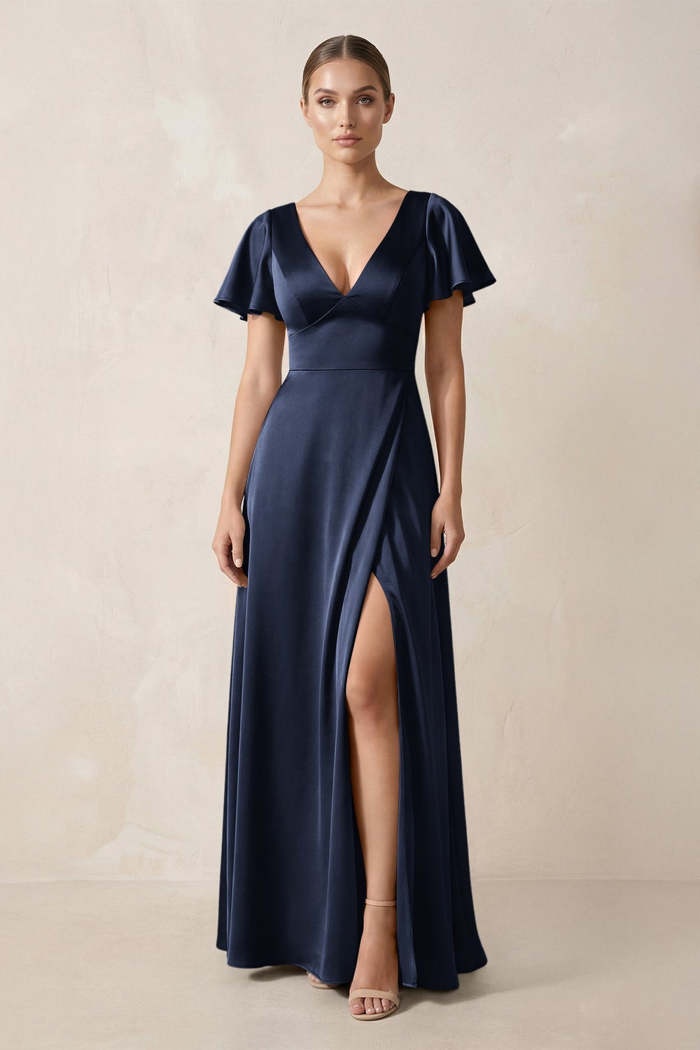 Short Sleeve V - Neck A - Line Satin Bridesmaid Dress With Slit in Dark Navy - KissProm Bridesmaid Dresses