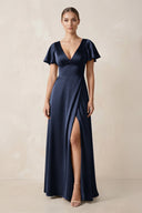 Short Sleeve V - Neck A - Line Satin Bridesmaid Dress With Slit in Dark Navy - KissProm Bridesmaid Dresses