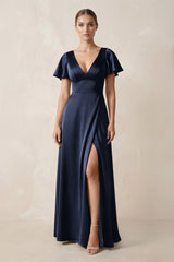 Short Sleeve V - Neck A - Line Satin Bridesmaid Dress With Slit in Dark Navy - KissProm Bridesmaid Dresses
