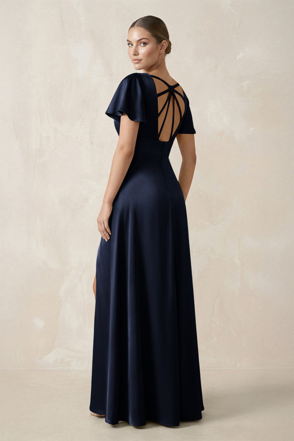 Short Sleeve V - Neck A - Line Satin Bridesmaid Dress With Slit in Dark Navy - KissProm Bridesmaid Dresses
