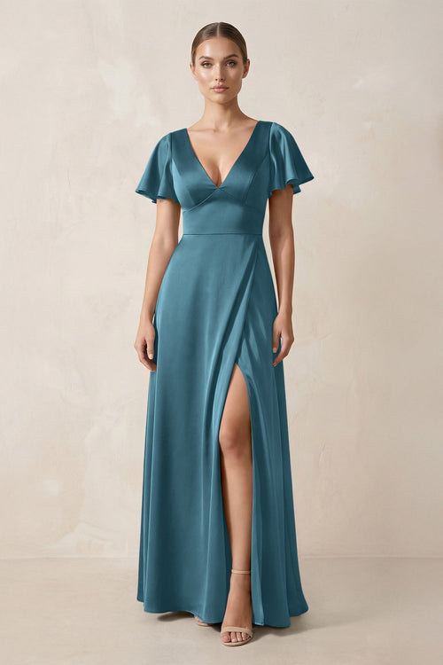 Short Sleeve V - Neck A - Line Satin Bridesmaid Dress With Slit in Dark Teal - KissProm Bridesmaid Dresses