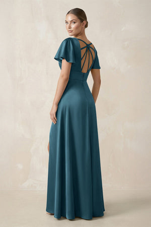 Short Sleeve V - Neck A - Line Satin Bridesmaid Dress With Slit in Dark Teal - KissProm Bridesmaid Dresses