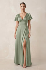 Short Sleeve V - Neck A - Line Satin Bridesmaid Dress With Slit in Dove Gray - KissProm Bridesmaid Dresses