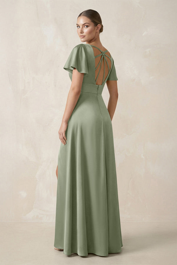 Short Sleeve V - Neck A - Line Satin Bridesmaid Dress With Slit in Dove Gray - KissProm Bridesmaid Dresses