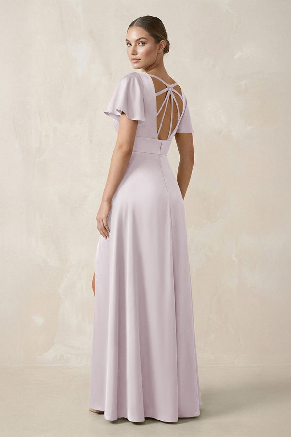 Short Sleeve V - Neck A - Line Satin Bridesmaid Dress With Slit in Dusk - KissProm Bridesmaid Dresses