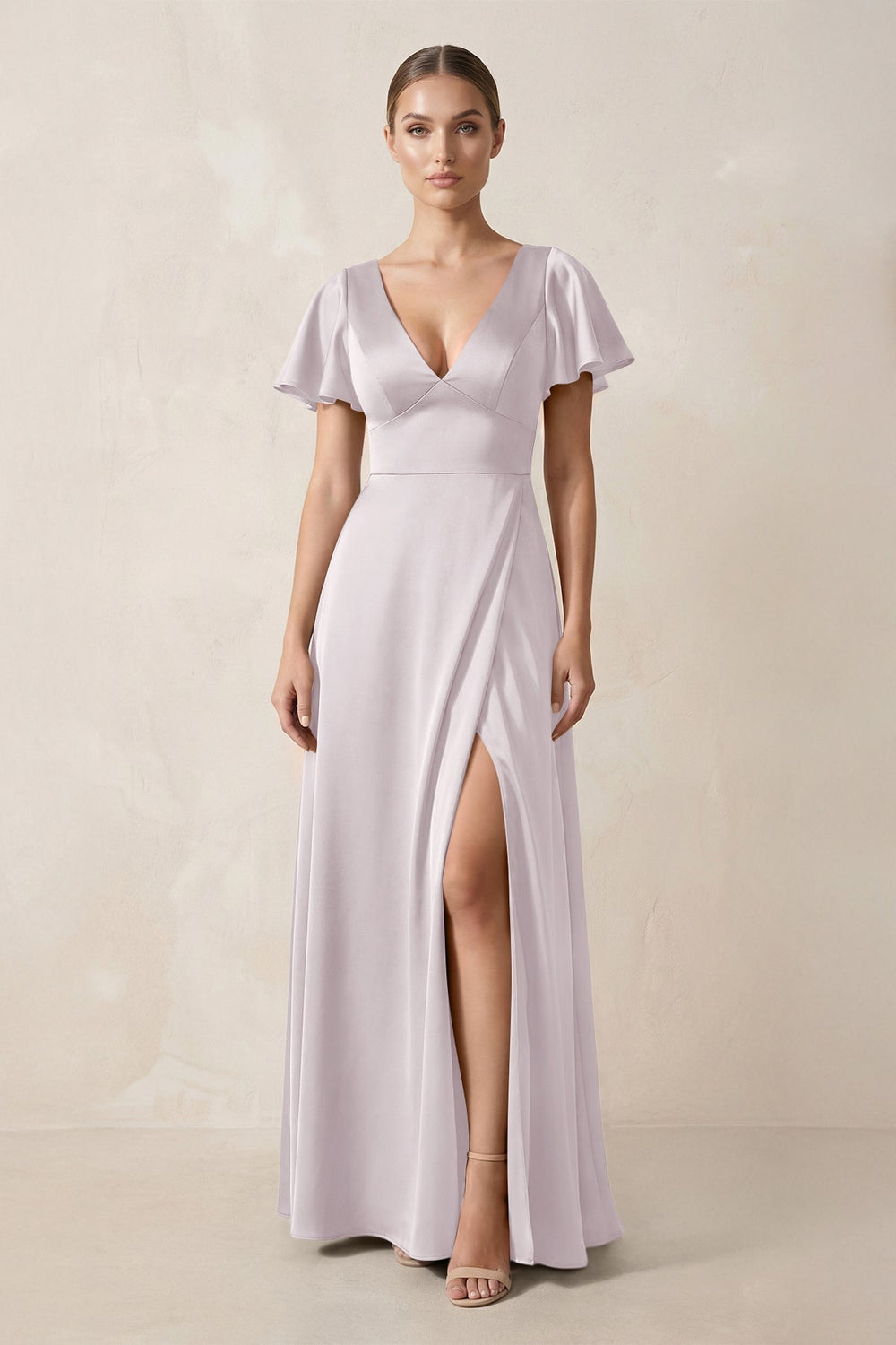 Short Sleeve V - Neck A - Line Satin Bridesmaid Dress With Slit in Dusk - KissProm Bridesmaid Dresses