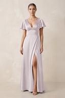 Short Sleeve V - Neck A - Line Satin Bridesmaid Dress With Slit in Dusk - KissProm Bridesmaid Dresses