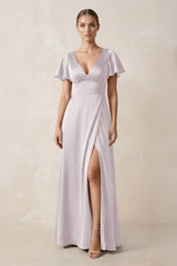 Short Sleeve V - Neck A - Line Satin Bridesmaid Dress With Slit in Dusk - KissProm Bridesmaid Dresses
