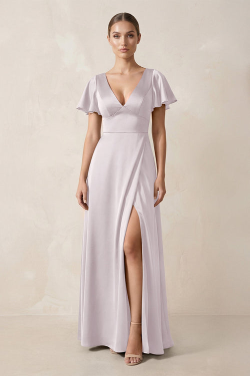 Short Sleeve V - Neck A - Line Satin Bridesmaid Dress With Slit in Dusk - KissProm Bridesmaid Dresses