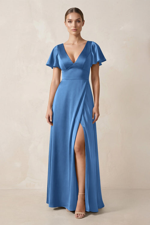 Short Sleeve V - Neck A - Line Satin Bridesmaid Dress With Slit in Dusty Blue - KissProm Bridesmaid Dresses