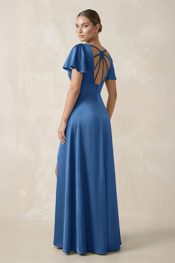 Short Sleeve V - Neck A - Line Satin Bridesmaid Dress With Slit in Dusty Blue - KissProm Bridesmaid Dresses