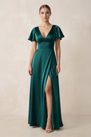 Short Sleeve V - Neck A - Line Satin Bridesmaid Dress With Slit in Emerald - KissProm Bridesmaid Dresses