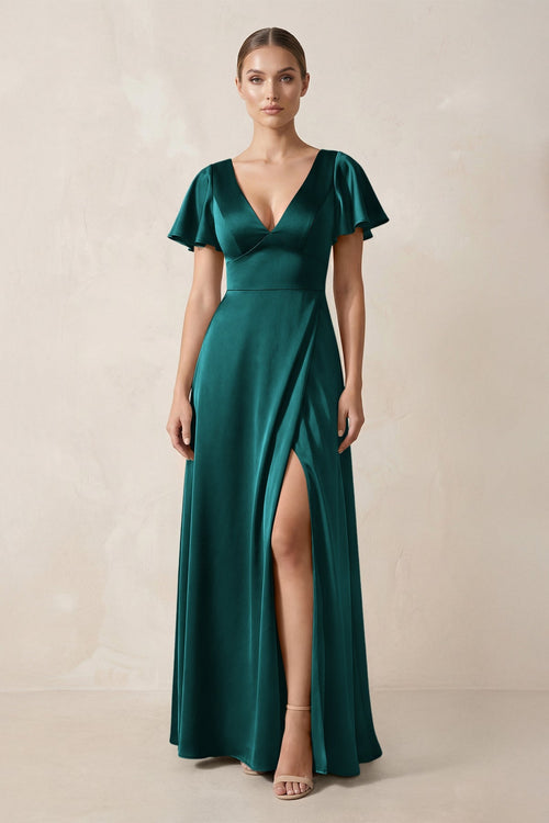 Short Sleeve V - Neck A - Line Satin Bridesmaid Dress With Slit in Emerald - KissProm Bridesmaid Dresses