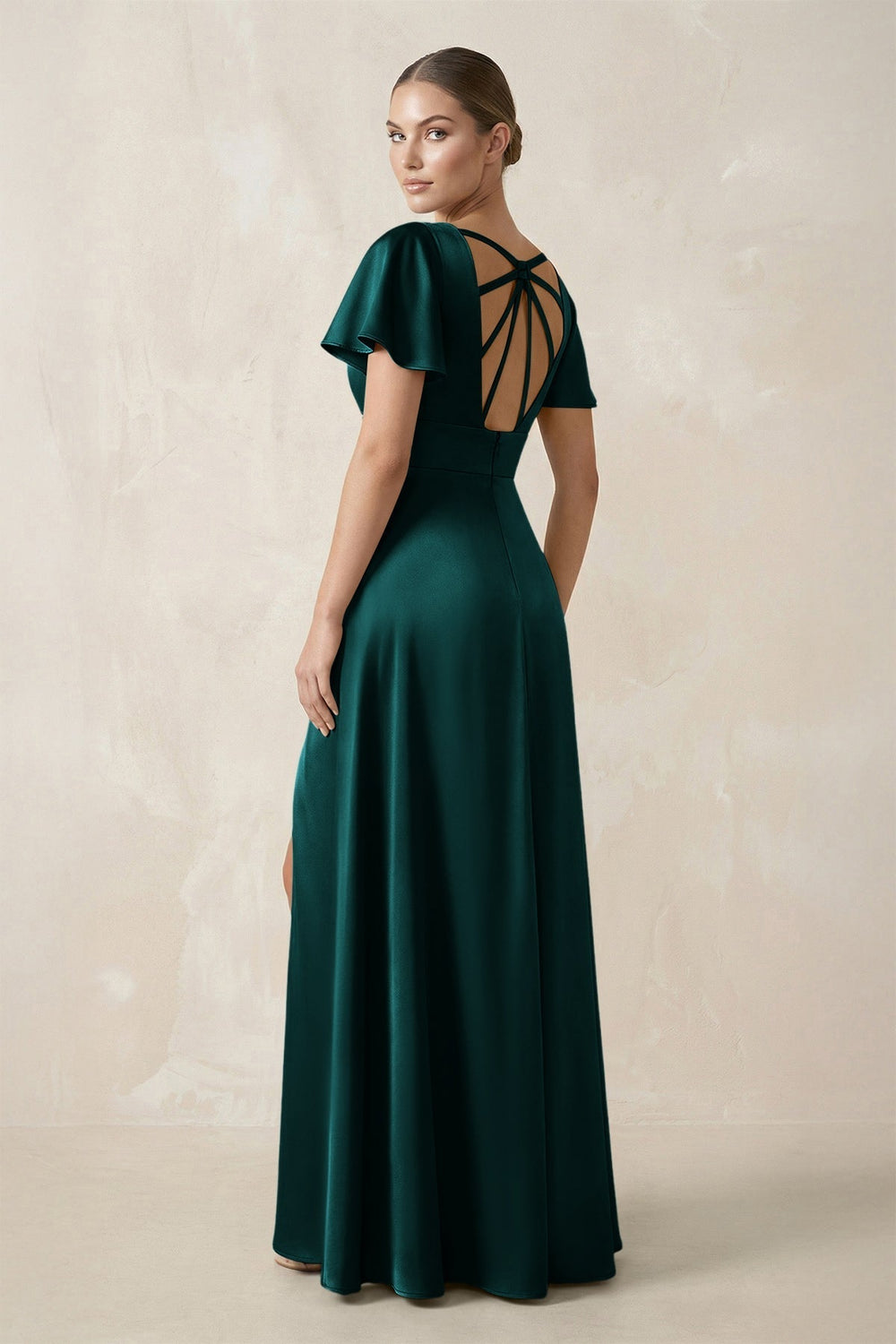 Short Sleeve V - Neck A - Line Satin Bridesmaid Dress With Slit in Emerald - KissProm Bridesmaid Dresses