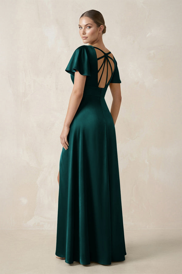 Short Sleeve V - Neck A - Line Satin Bridesmaid Dress With Slit in Emerald - KissProm Bridesmaid Dresses