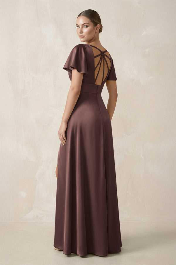 Short Sleeve V - Neck A - Line Satin Bridesmaid Dress With Slit in Espresso - KissProm Bridesmaid Dresses