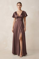 Short Sleeve V - Neck A - Line Satin Bridesmaid Dress With Slit in Espresso - KissProm Bridesmaid Dresses