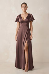 Short Sleeve V - Neck A - Line Satin Bridesmaid Dress With Slit in Espresso - KissProm Bridesmaid Dresses