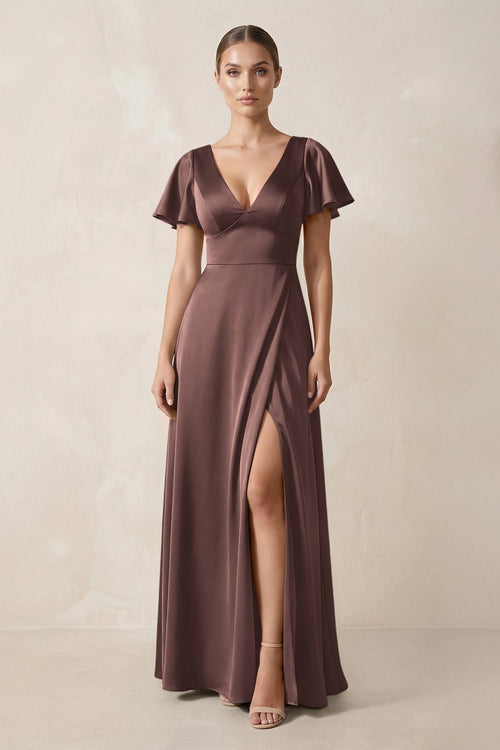 Short Sleeve V - Neck A - Line Satin Bridesmaid Dress With Slit in Espresso - KissProm Bridesmaid Dresses