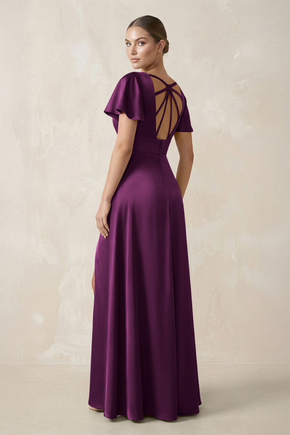 Short Sleeve V - Neck A - Line Satin Bridesmaid Dress With Slit in Fig - KissProm Bridesmaid Dresses