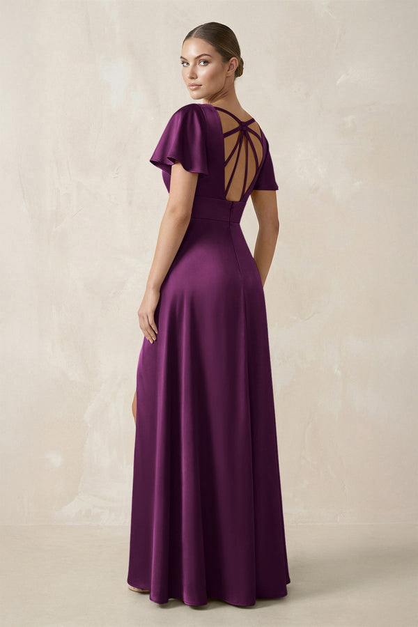 Short Sleeve V - Neck A - Line Satin Bridesmaid Dress With Slit in Fig - KissProm Bridesmaid Dresses