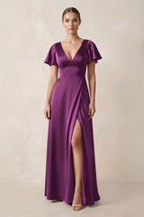 Short Sleeve V - Neck A - Line Satin Bridesmaid Dress With Slit in Fig - KissProm Bridesmaid Dresses