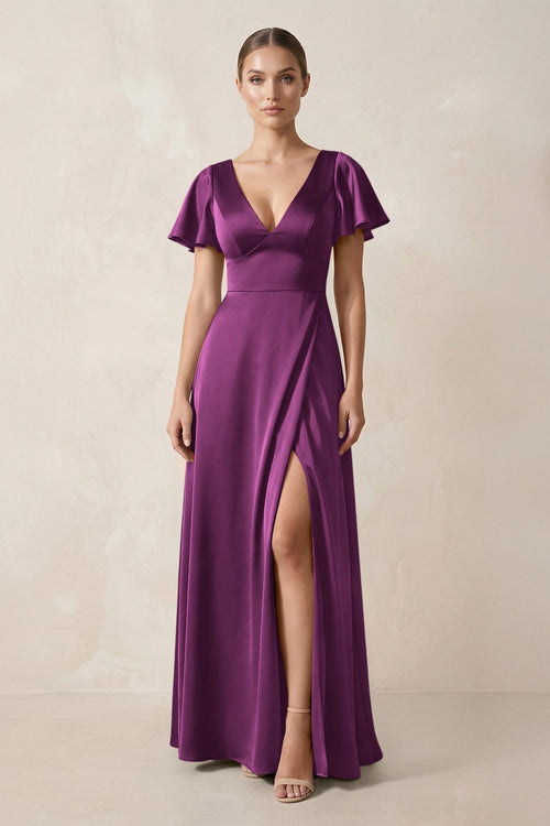 Short Sleeve V - Neck A - Line Satin Bridesmaid Dress With Slit in Fig - KissProm Bridesmaid Dresses