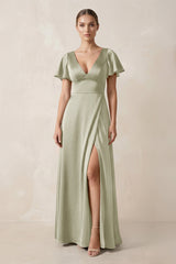 Short Sleeve V - Neck A - Line Satin Bridesmaid Dress With Slit in Frost - KissProm Bridesmaid Dresses
