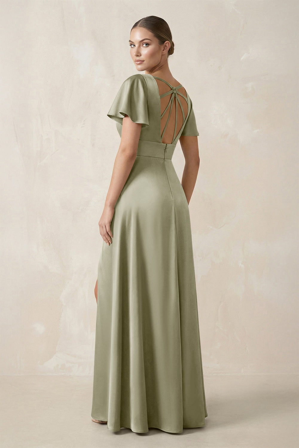 Short Sleeve V - Neck A - Line Satin Bridesmaid Dress With Slit in Frost - KissProm Bridesmaid Dresses
