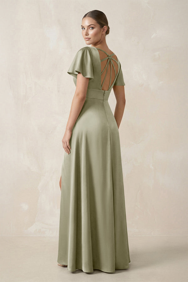 Short Sleeve V - Neck A - Line Satin Bridesmaid Dress With Slit in Frost - KissProm Bridesmaid Dresses