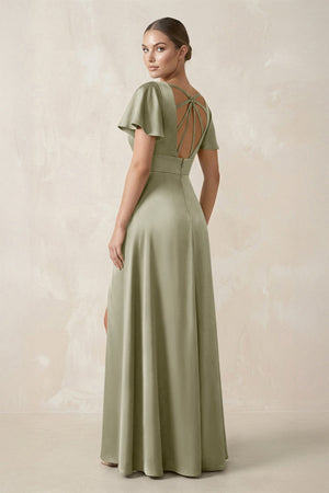 Short Sleeve V - Neck A - Line Satin Bridesmaid Dress With Slit in Frost - KissProm Bridesmaid Dresses