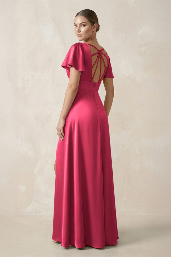 Short Sleeve V - Neck A - Line Satin Bridesmaid Dress With Slit in Fuchsia - KissProm Bridesmaid Dresses